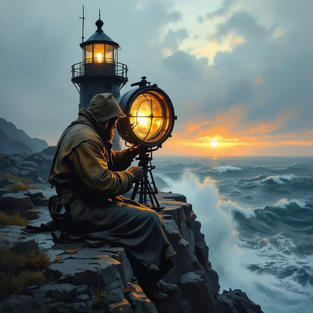 Lighthouse Keeper Polishing Lens in Stormy Seas
