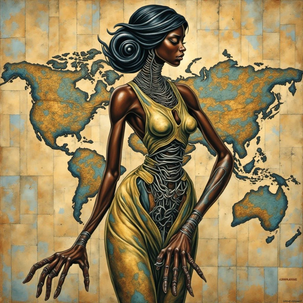 Cyborg Woman with Volcano Tattoos in Giger Style