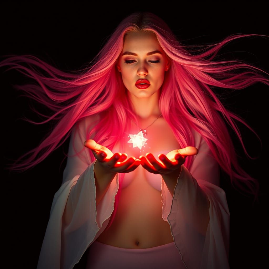 Luminous Priestess Casting a Spell with Red Light