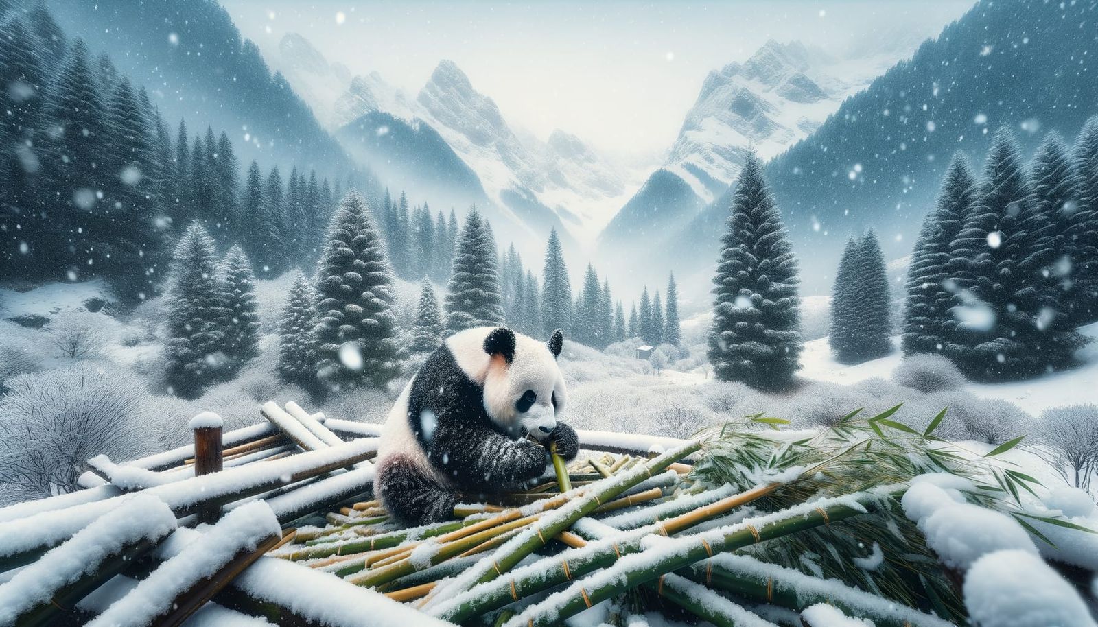 Panda in Snowy Mountain Landscape