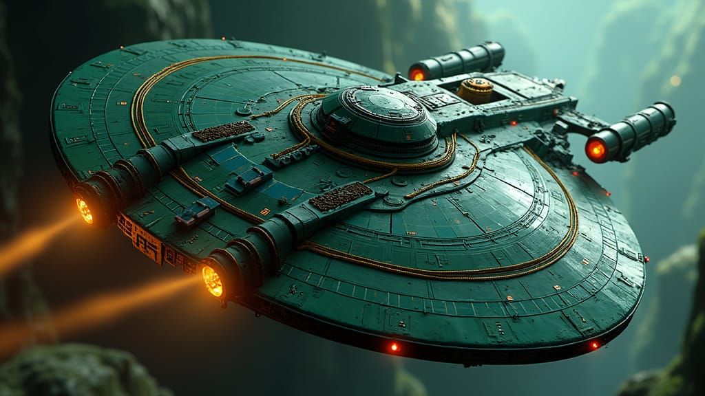 Medieval Starship in Alien Landscape, Syd Mead Style