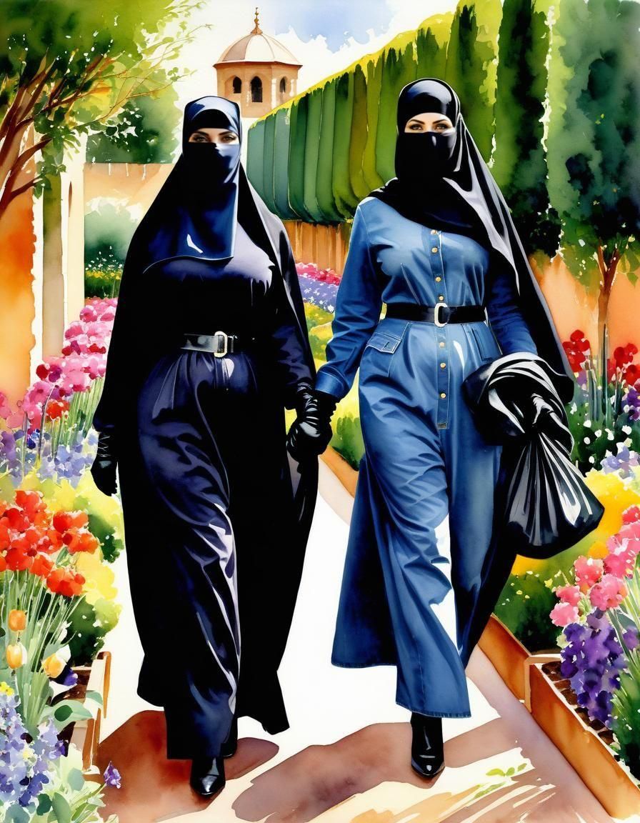 Watercolor Portrait of Two Niqabi Teachers in Garden