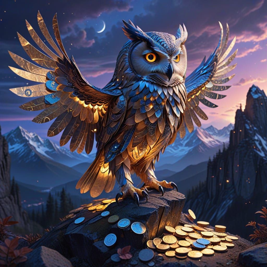 Majestic Owl Crafted from Banknotes on Coin Mountains