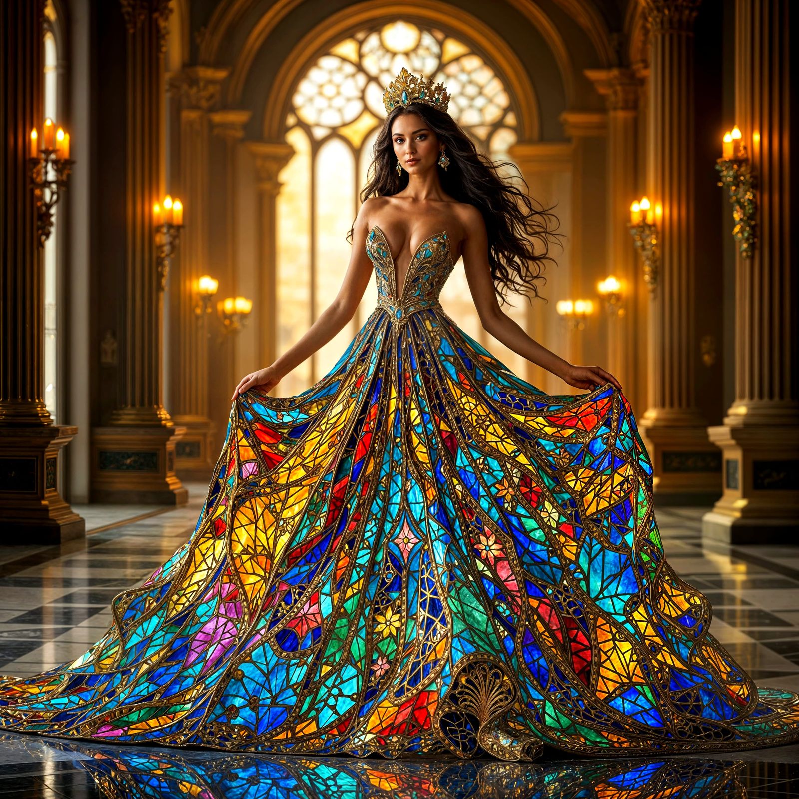 Ethereal Goddess in Stained Glass Gown