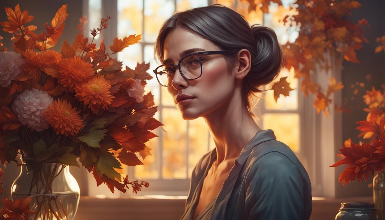 Woman with Autumn Flowers, Hyperdetailed Portrait