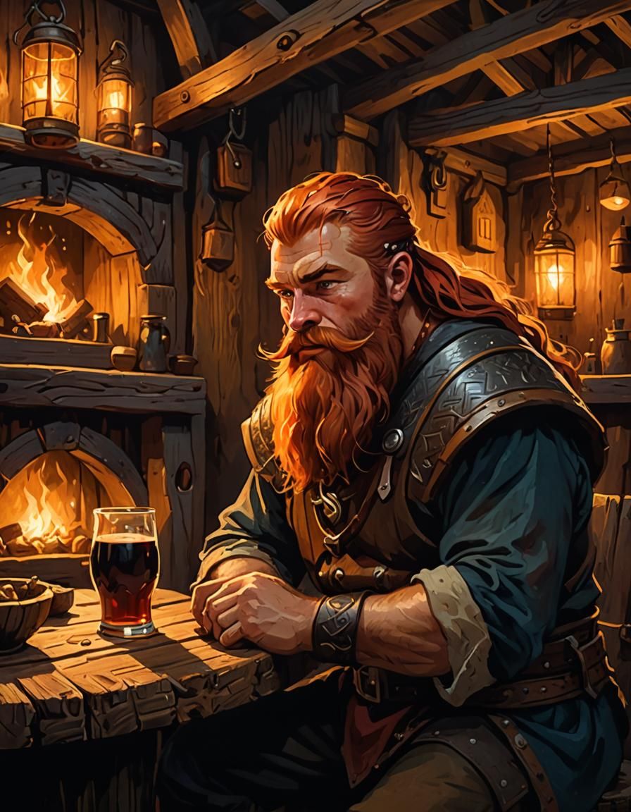 Dwarf Viking in Tavern, Fauvist Illustration