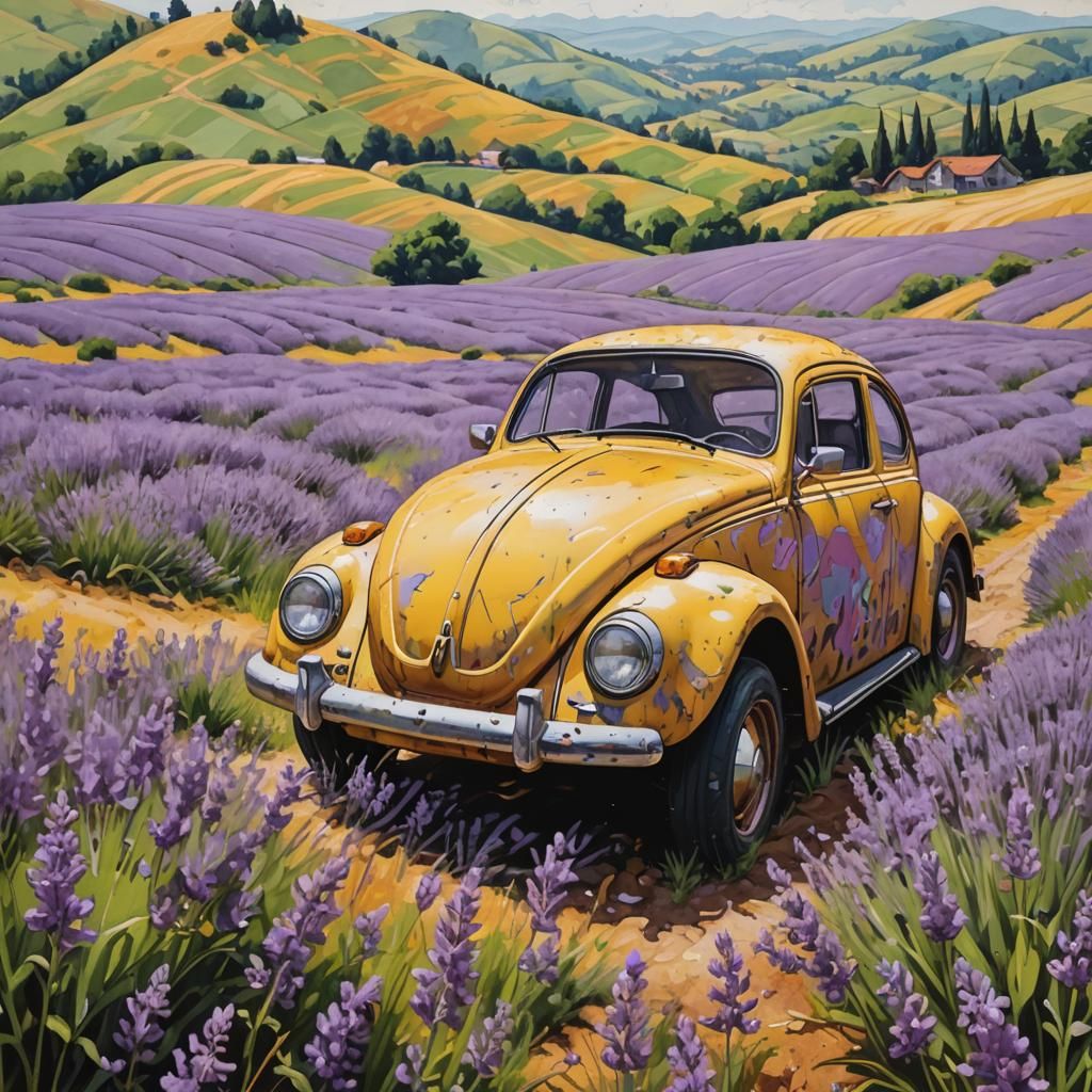 Rusty VW Beetle in Lavender Field, Graffiti Art