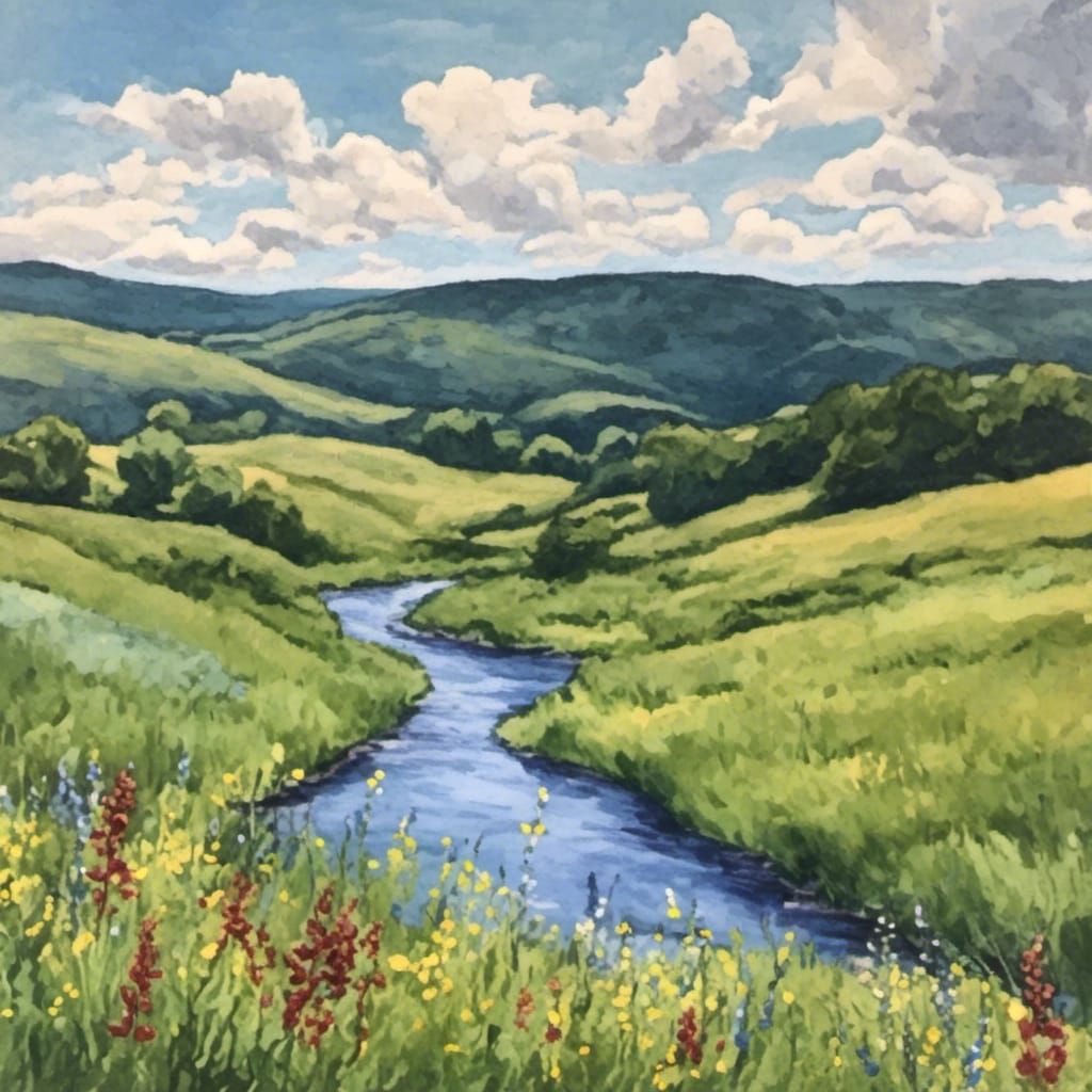 Peaceful Landscape with Rolling Hills and Wildflowers