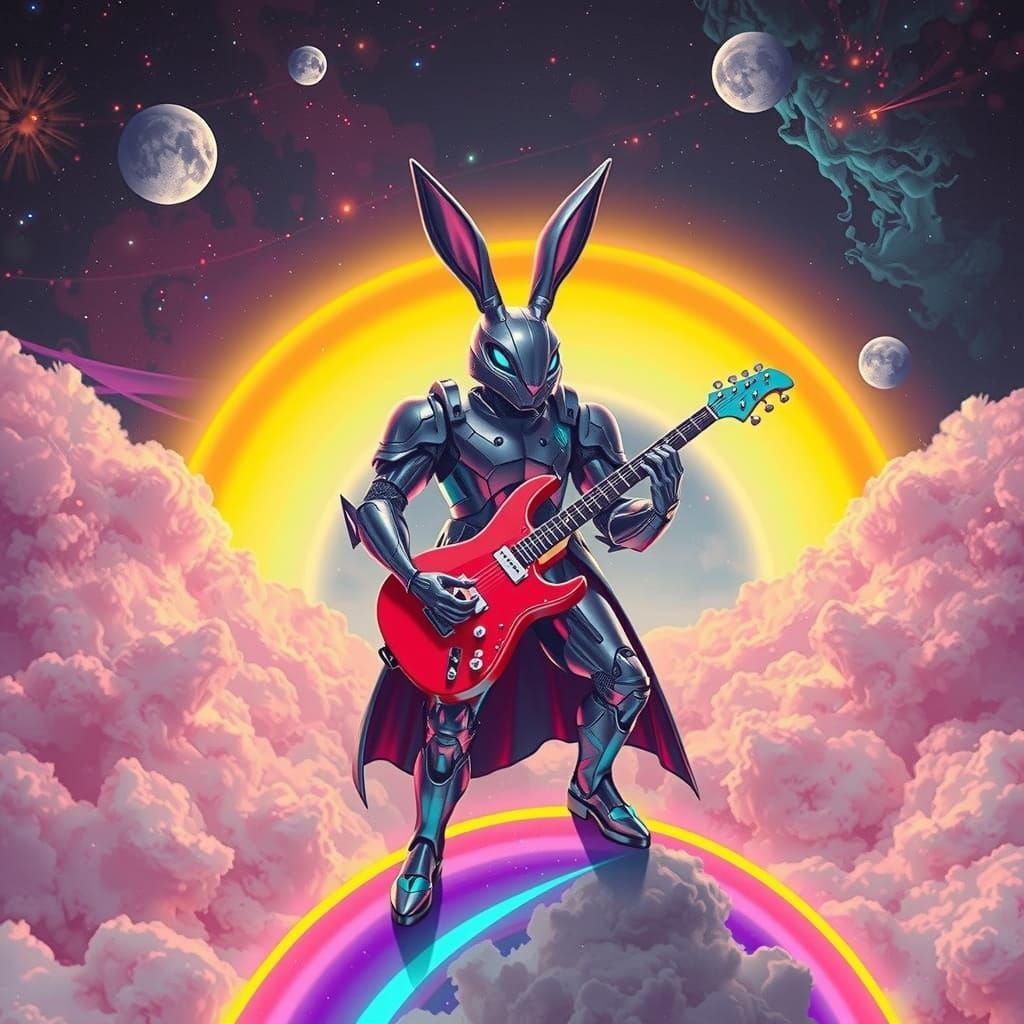 Cyberpunk Rabbit Queen on Rainbow, Syd Mead Style