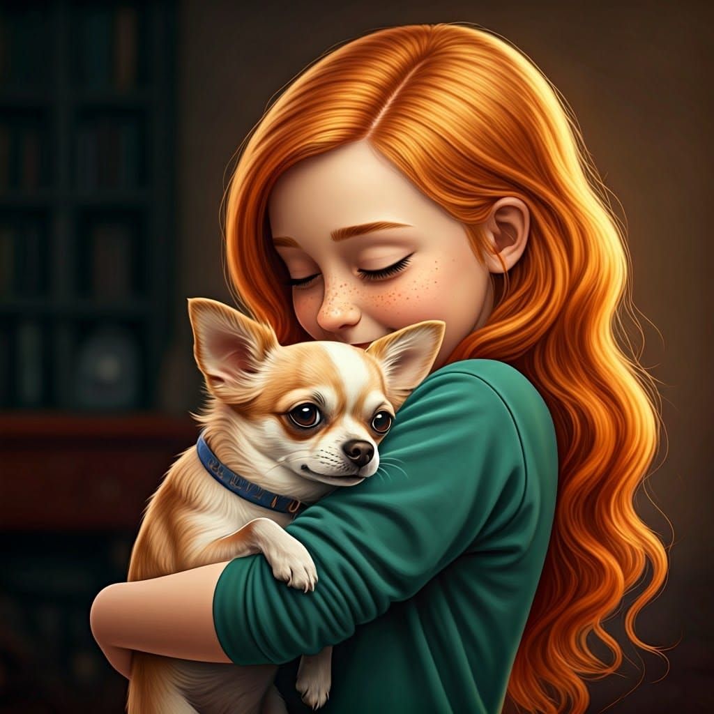 Girl Hugs Chihuahua in Living Room, Natural Lighting