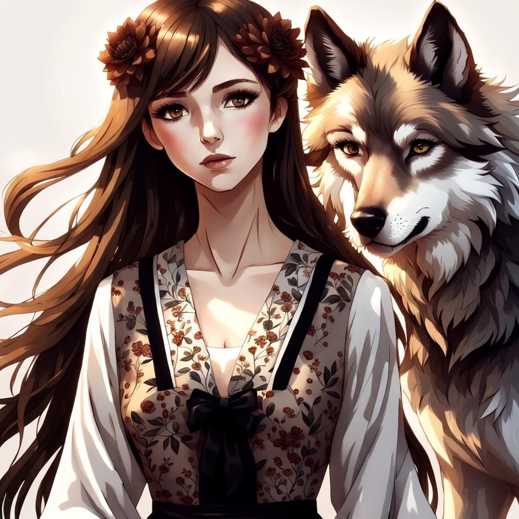 Beautiful Wolf Girl in Flower Dress