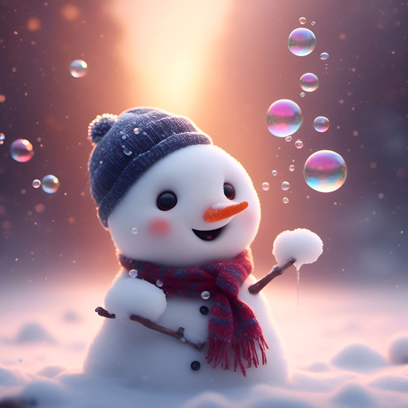 Adorable Snowman Blowing Bubbles in Cartoon Style