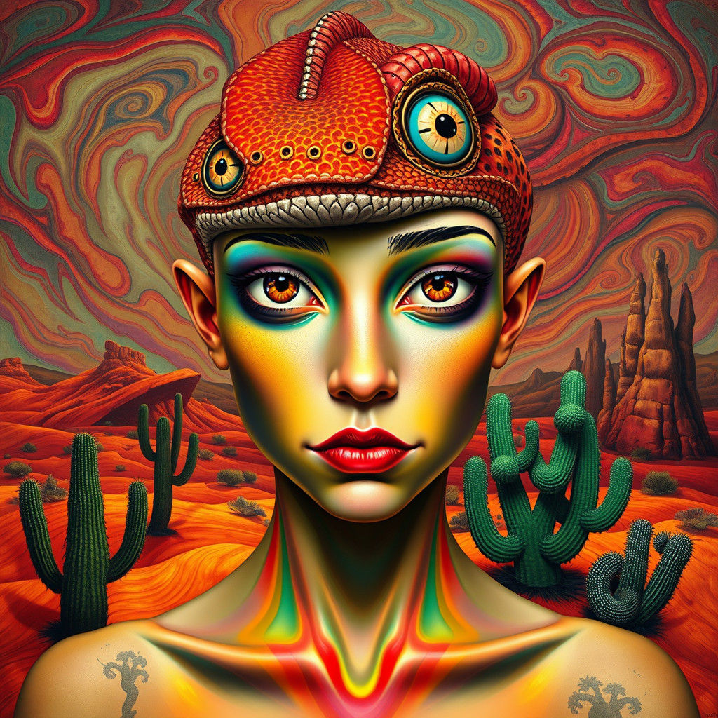 Surreal Chameleon Portrait in Naive Art Style