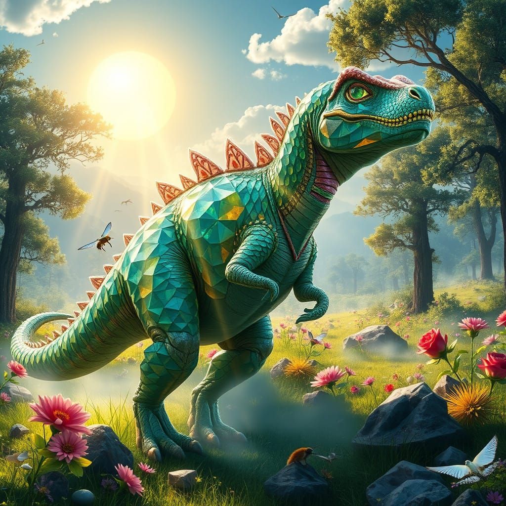 Gemstone Dinosaur in Vibrant, Faceted Landscape