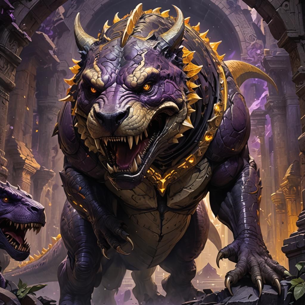 Fantasy T-Rex Pitbull Hybrid in Ruined Temple