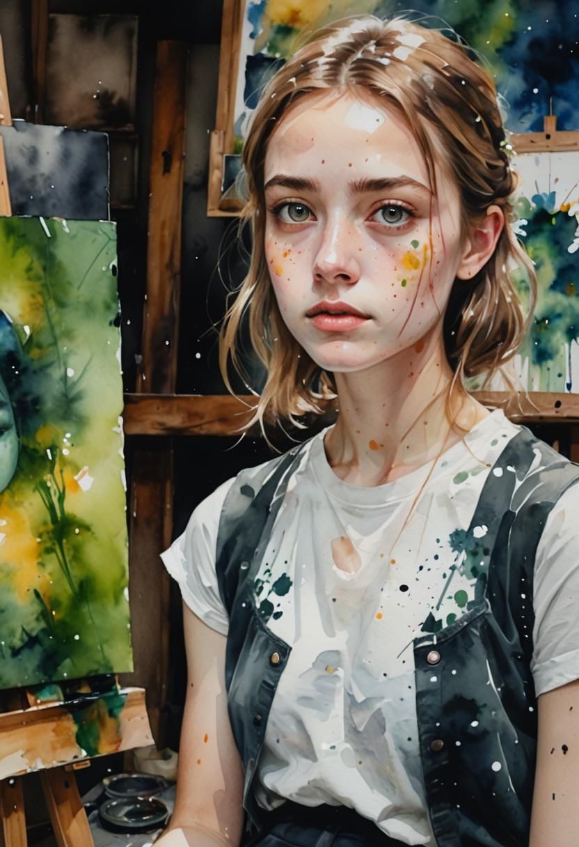 Lonely Girl in Dark Chamber: Watercolor Portrait