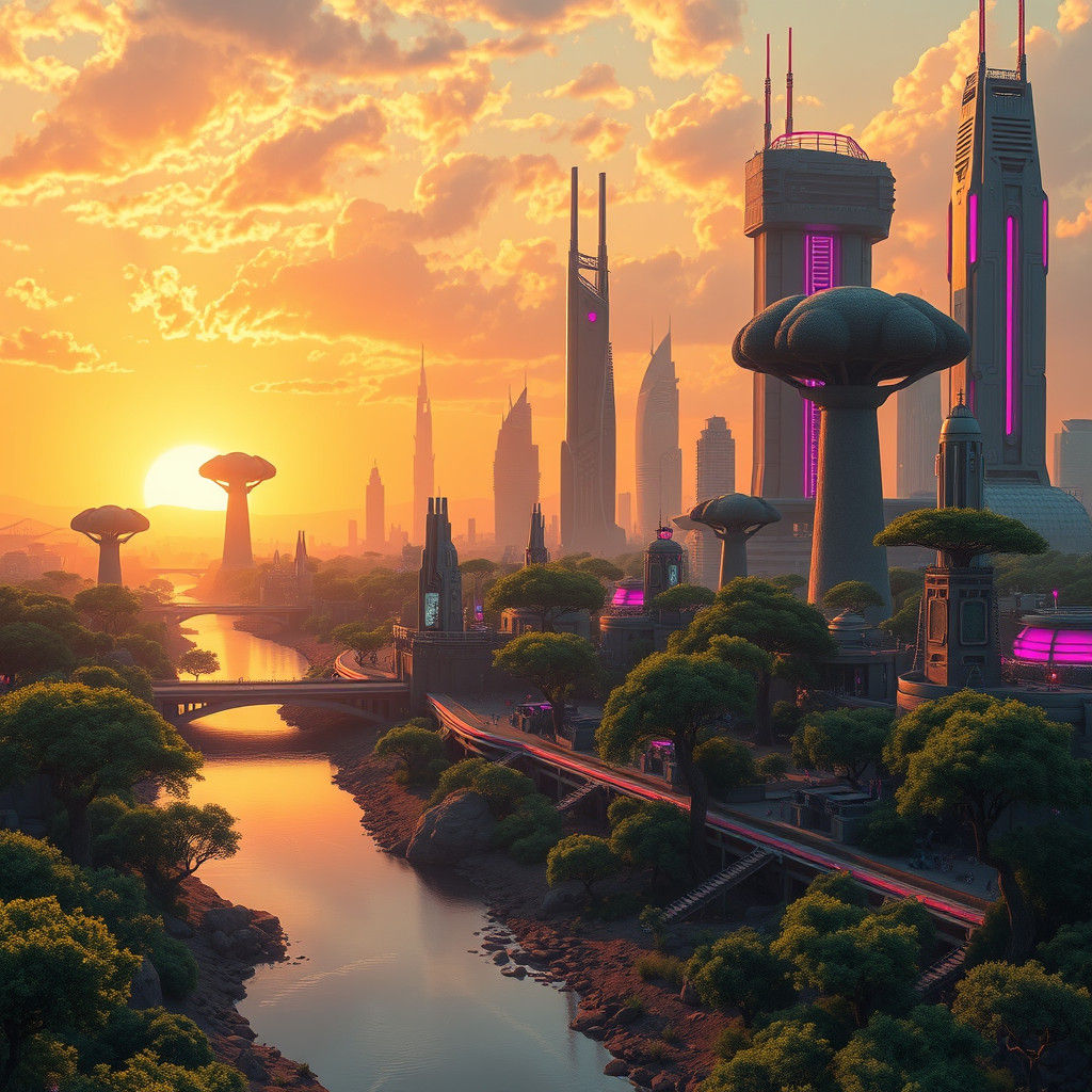 Futuristic African Metropolis Sunset: 8k Matte Painting