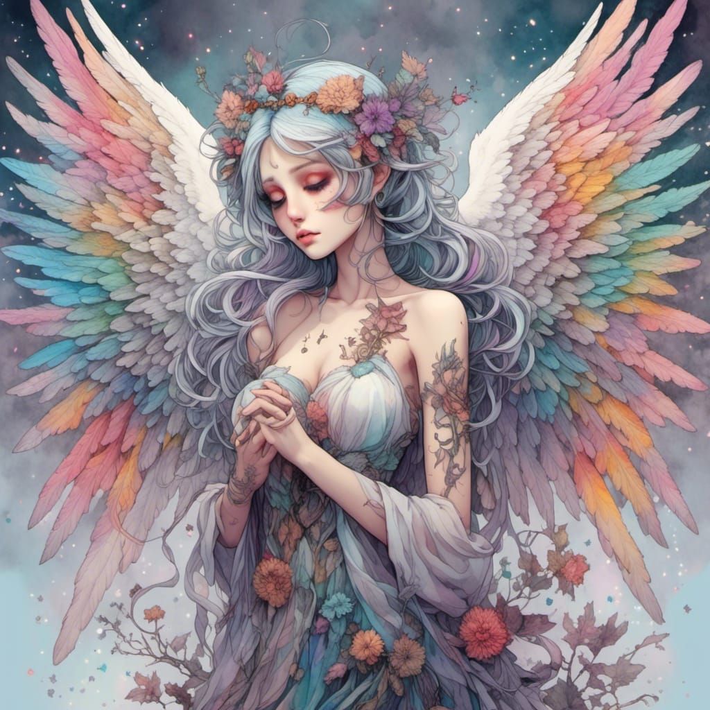 Anime Angel with Colorful Wings and Tattoos