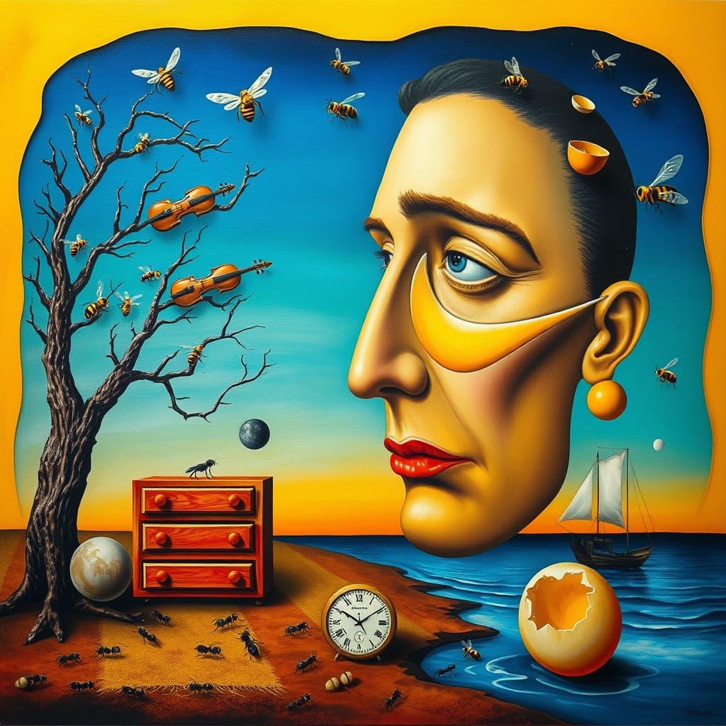 Surreal Dreamscape with Fragmented Face and Melting Clock