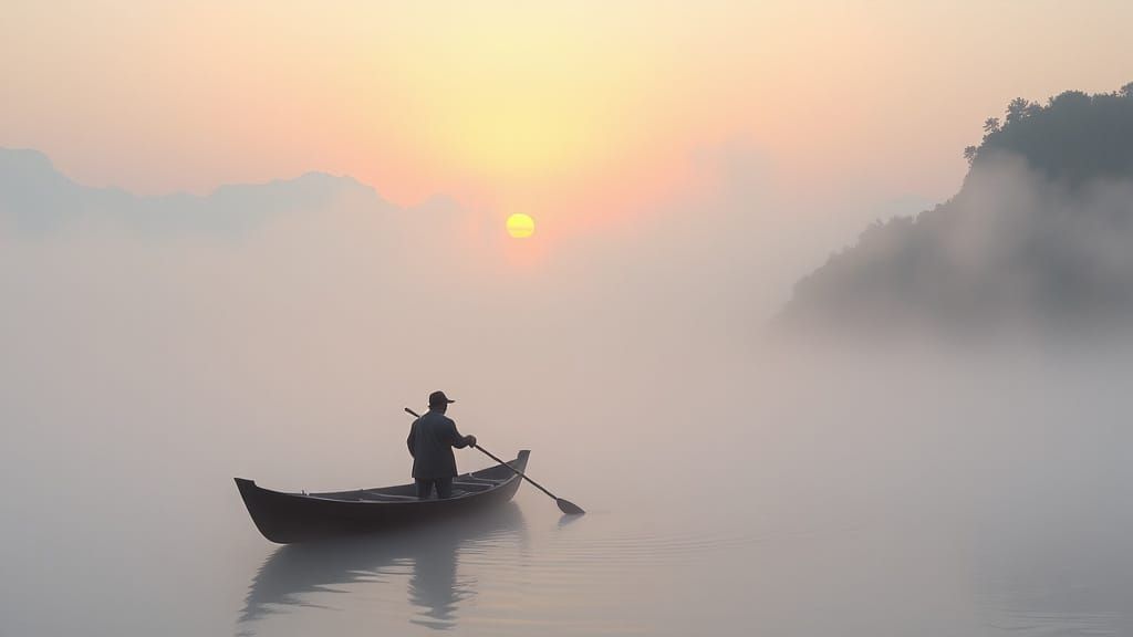 Serene Fisherman in Misty Landscape, Dreamy Art Style