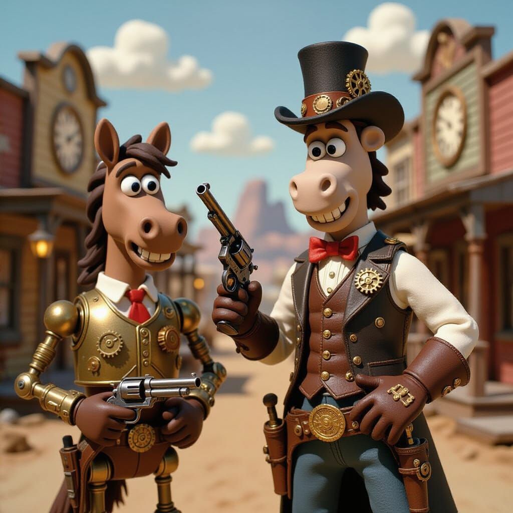 Steampunk Cowboy Horse and Robot in Claymation Style