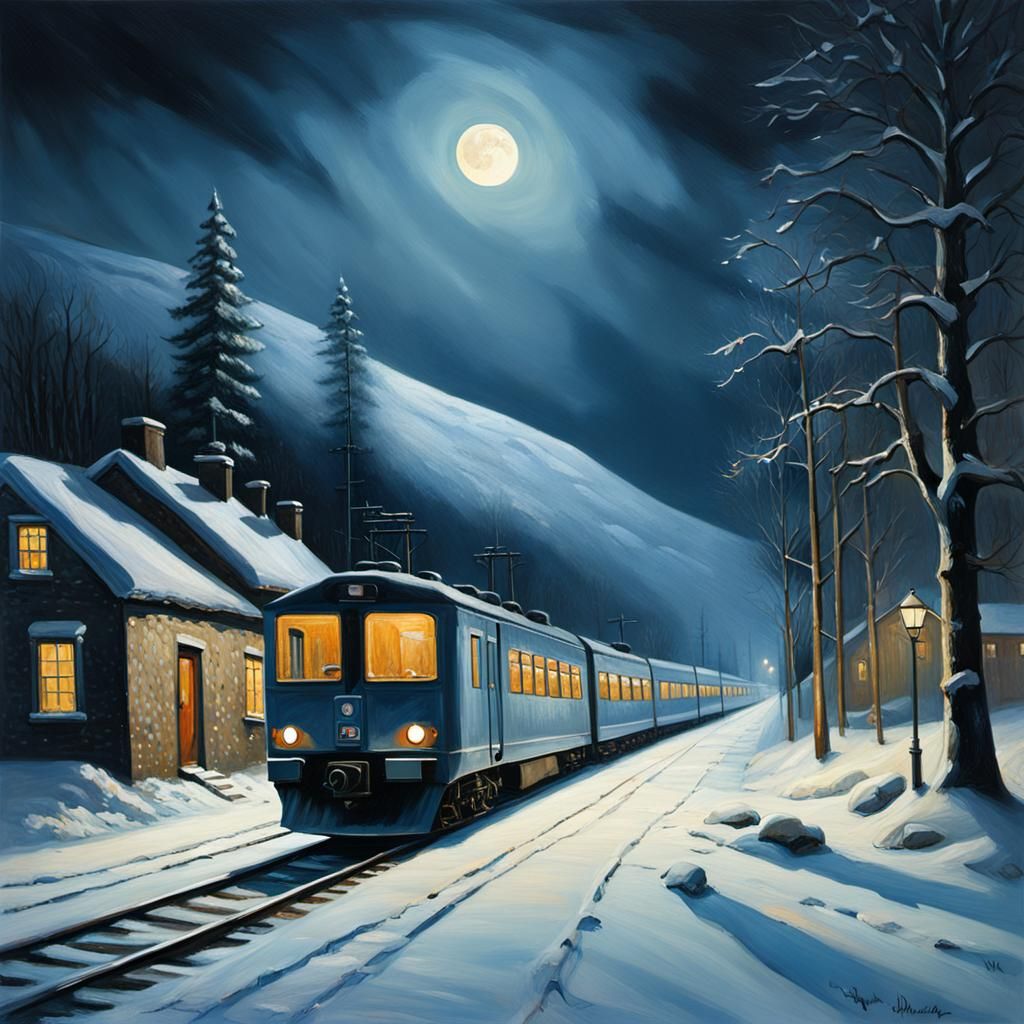Norwegian Train in Winter Night, Oil Painting