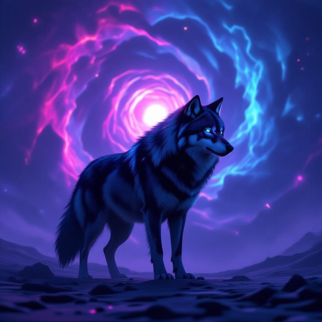 Cyberpunk Wolf Against Cosmic Nebula