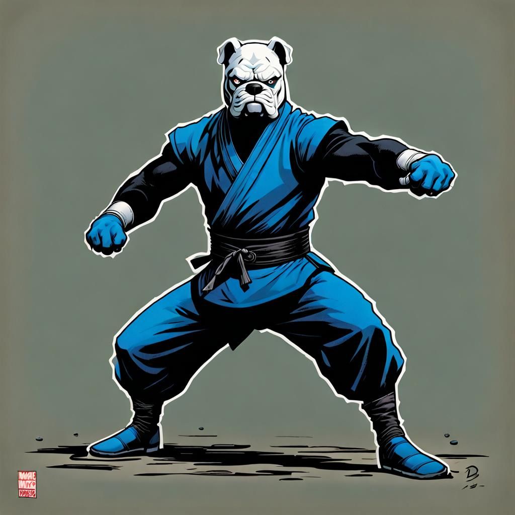 Blue Bulldog in classic Kung Fu punching pose, cloth black n...