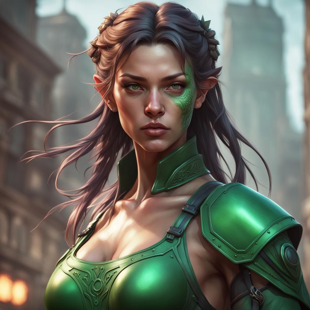 Detailed Portrait of Female Half-Orc Fighter