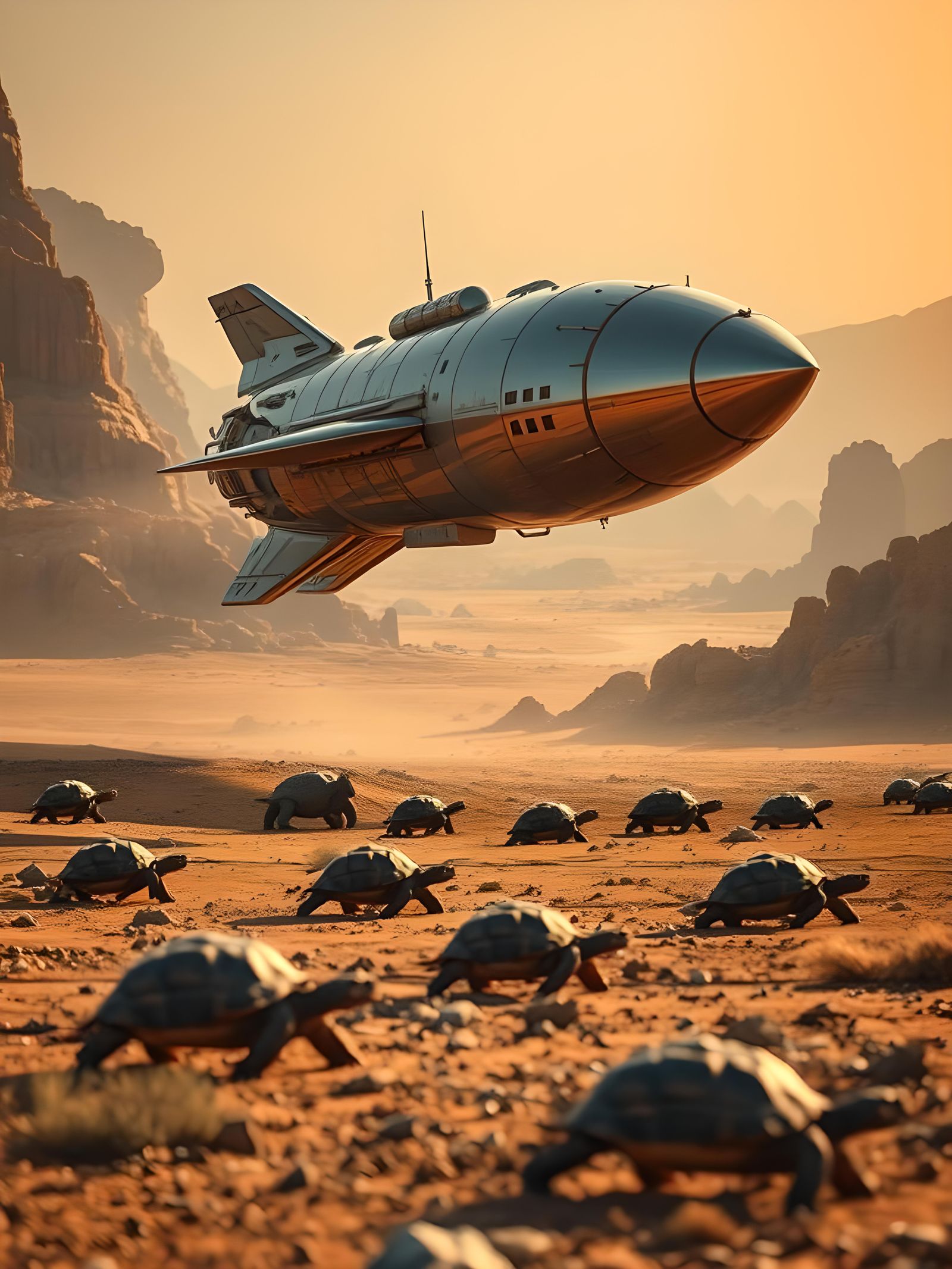 Retro Rocket over Tortoises: Cinematic Digital Art