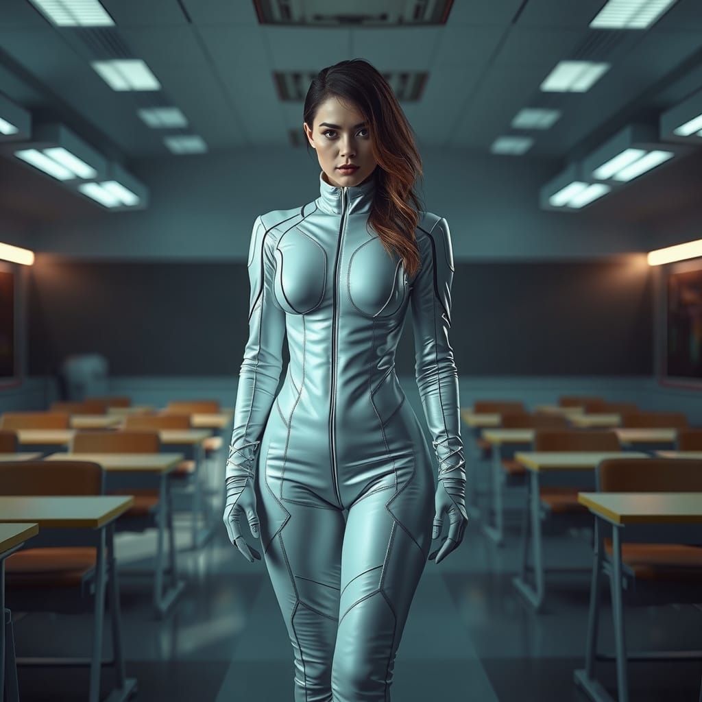 A digital painting shows a woman in a wor white leather cameltoe  catsuit, gloves, and boots in a classroom. The image f...