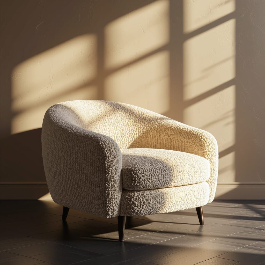 Beige Boucle Chair on Dark Wood Floor at Golden Hour