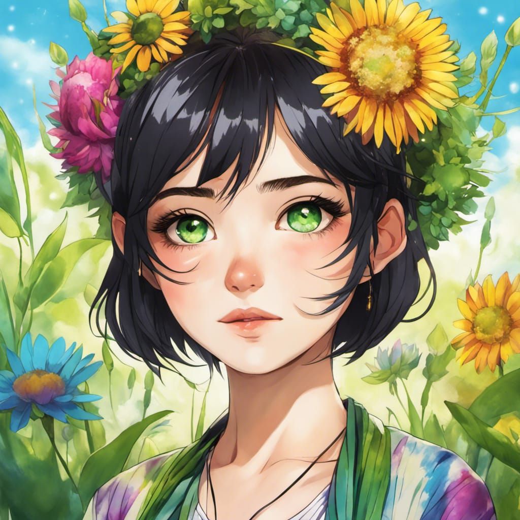 Anime Portrait: Cute Hippie Girl with Green Eyes