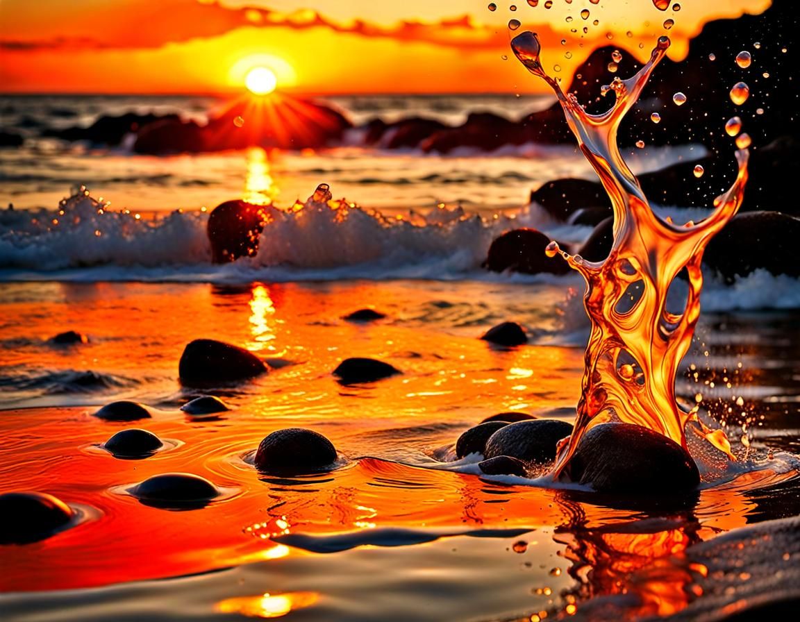 Sunset Ocean Splashes in Expressive Alcohol Ink Style