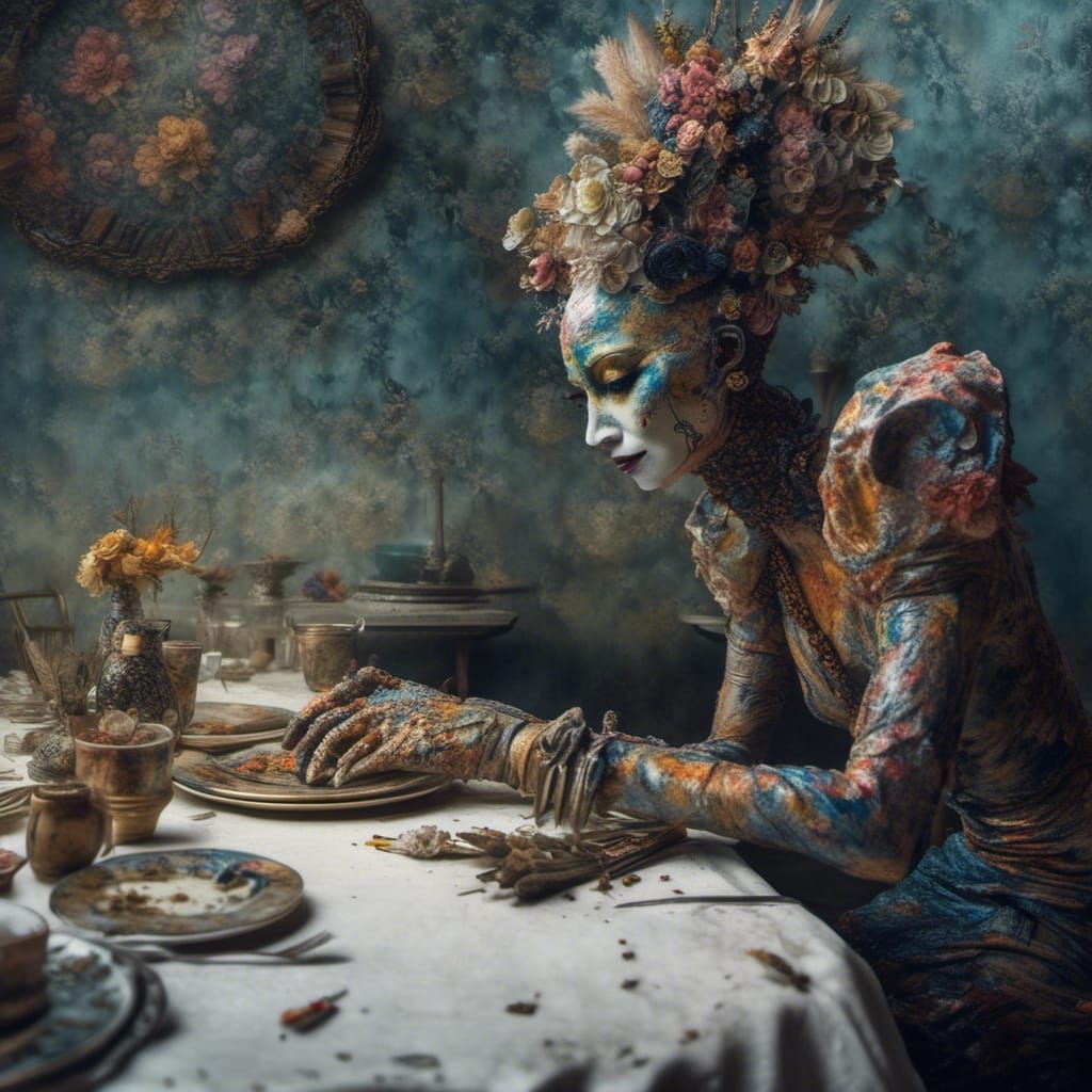 Abstract Polychromatic Alien at Table in Matte Painting