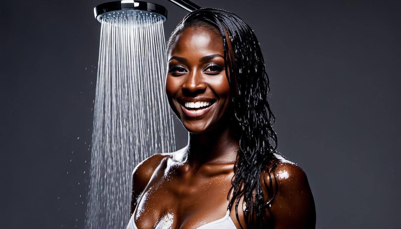 Smiling Woman with Wet Hair in Shower