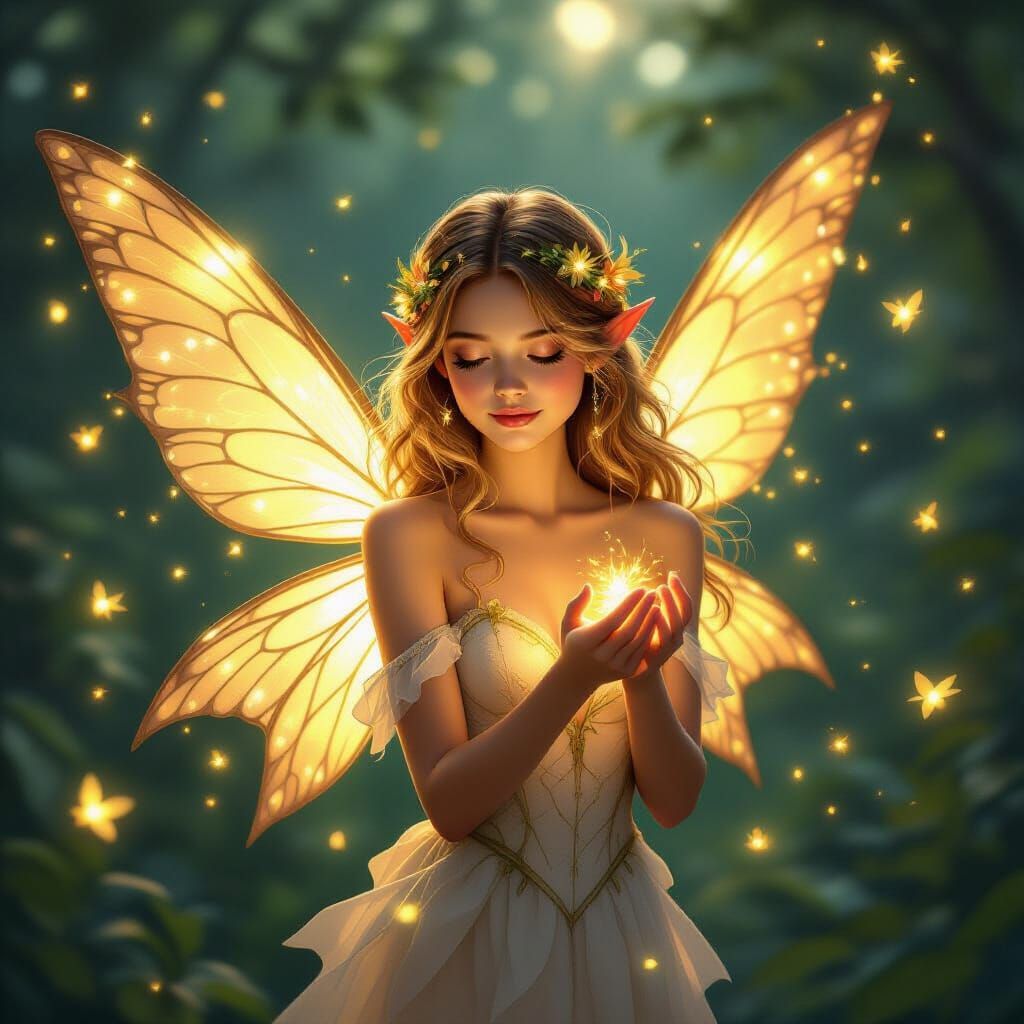 Luminous Fairy Surrounded by Fireflies in Golden Hour Light