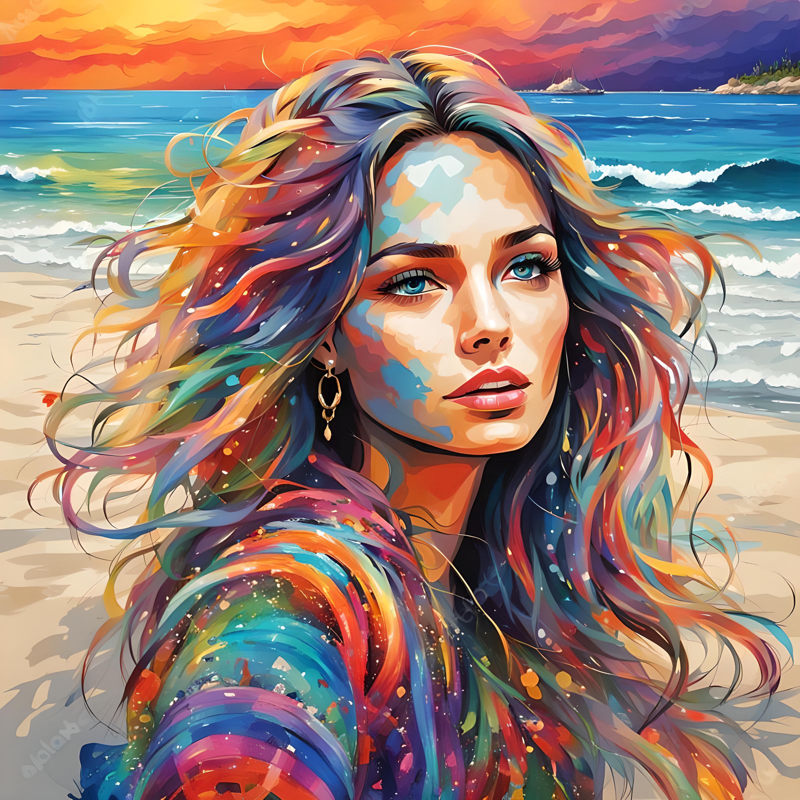 Beautiful Girl on a Multicolored Beach