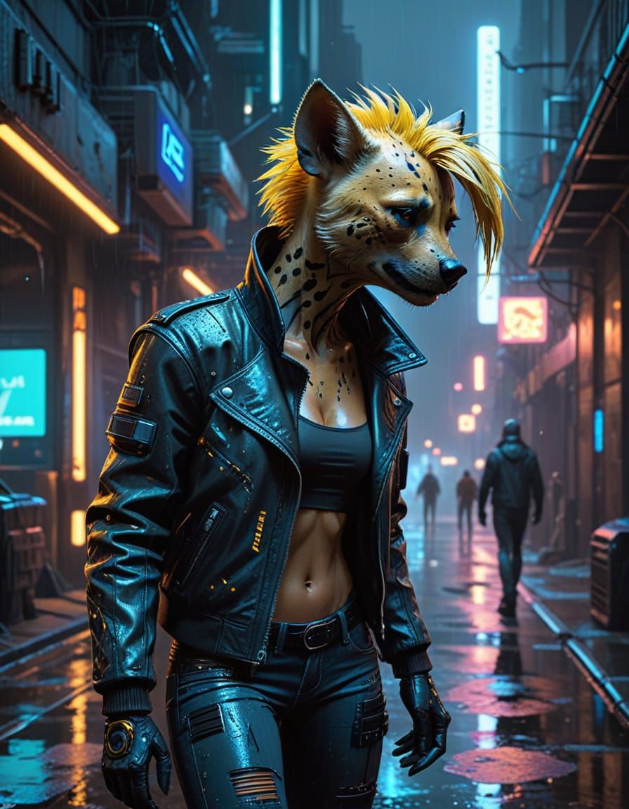 Cyberpunk Female Hyena in Neon-Lit Alleyway