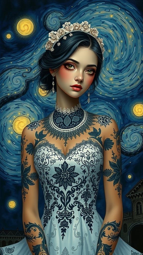 Tattooed Bride in Starry Night, Dark Fantasy