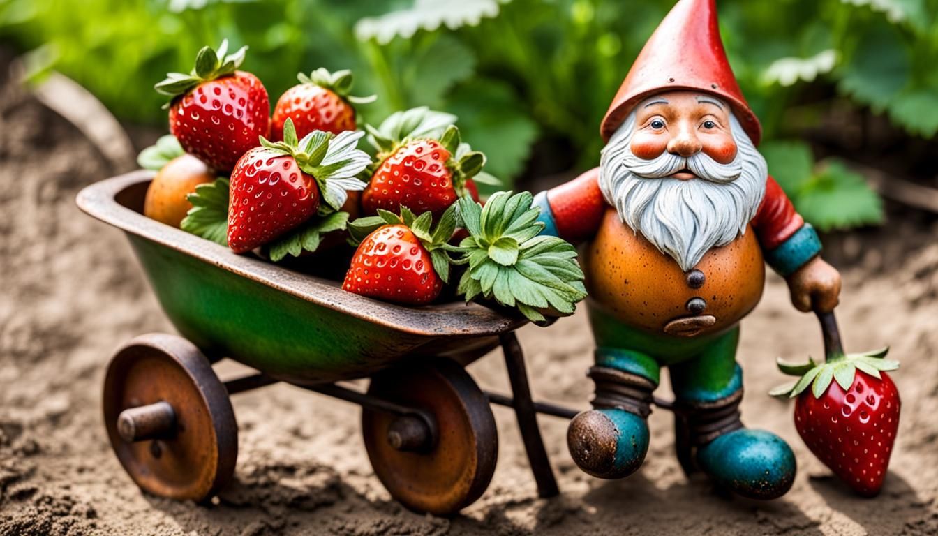 Whimsical Gnomes Harvesting Strawberries in Veggie Garden