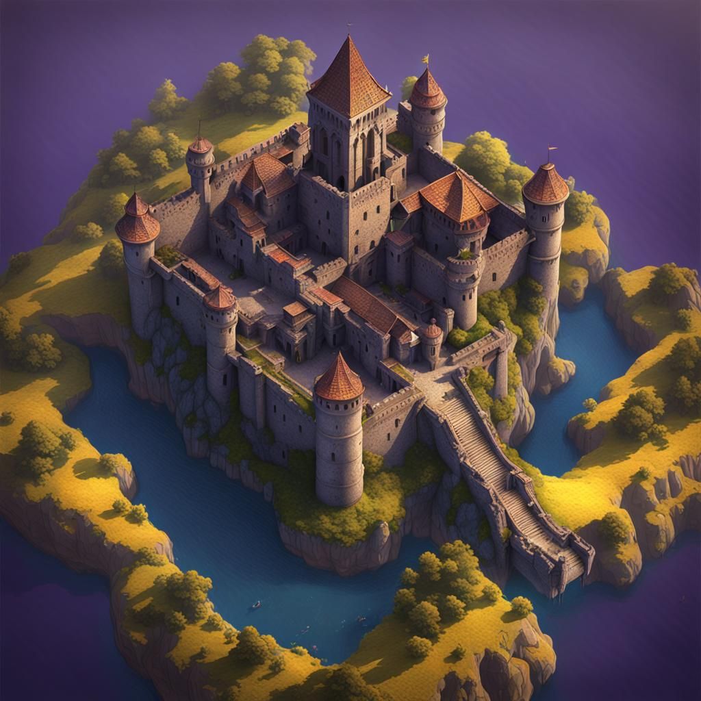 Floating Ruined Castle Fortress Map in Dark Fantasy Style