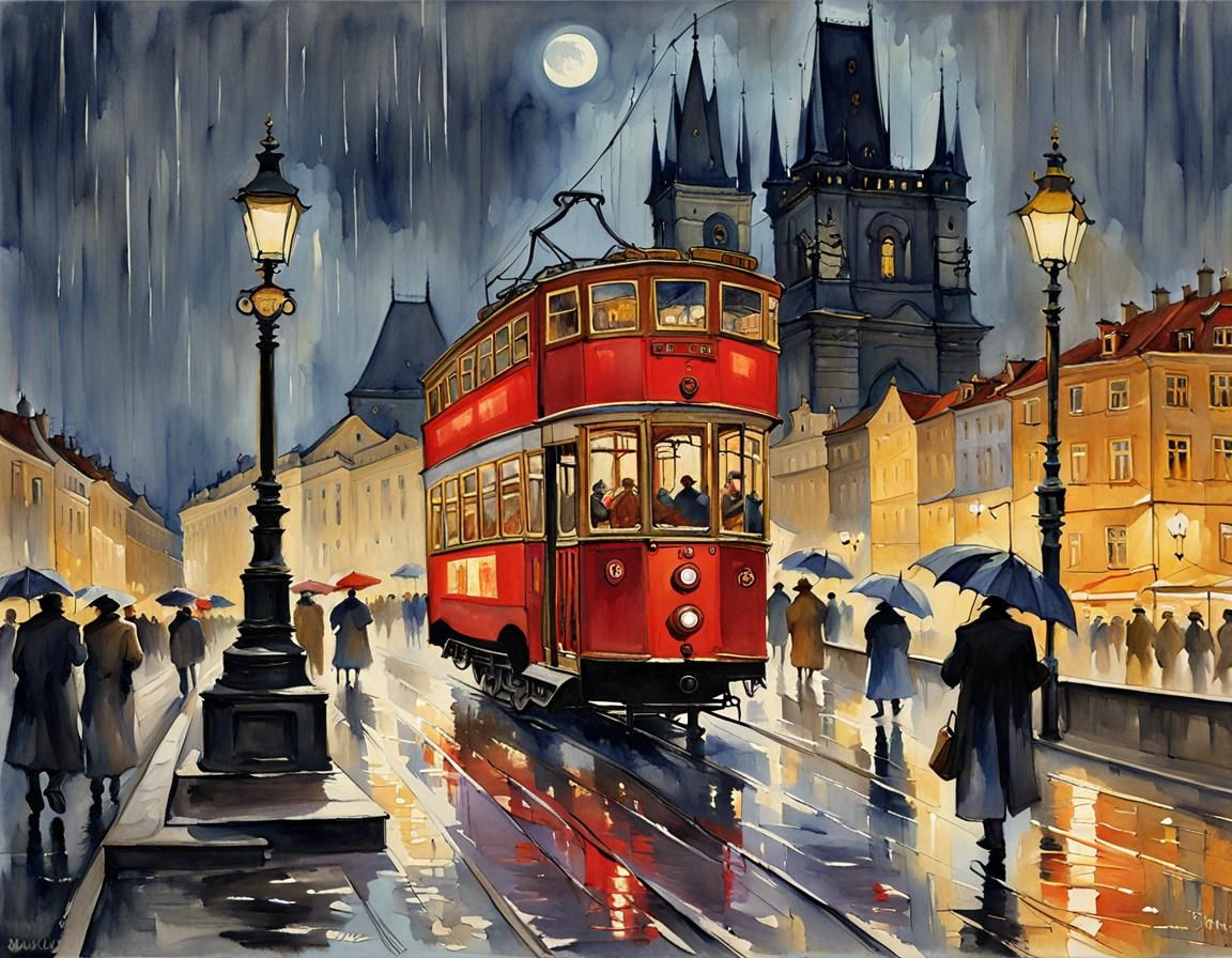 Red Tram in Prague at Night as Oil Painting