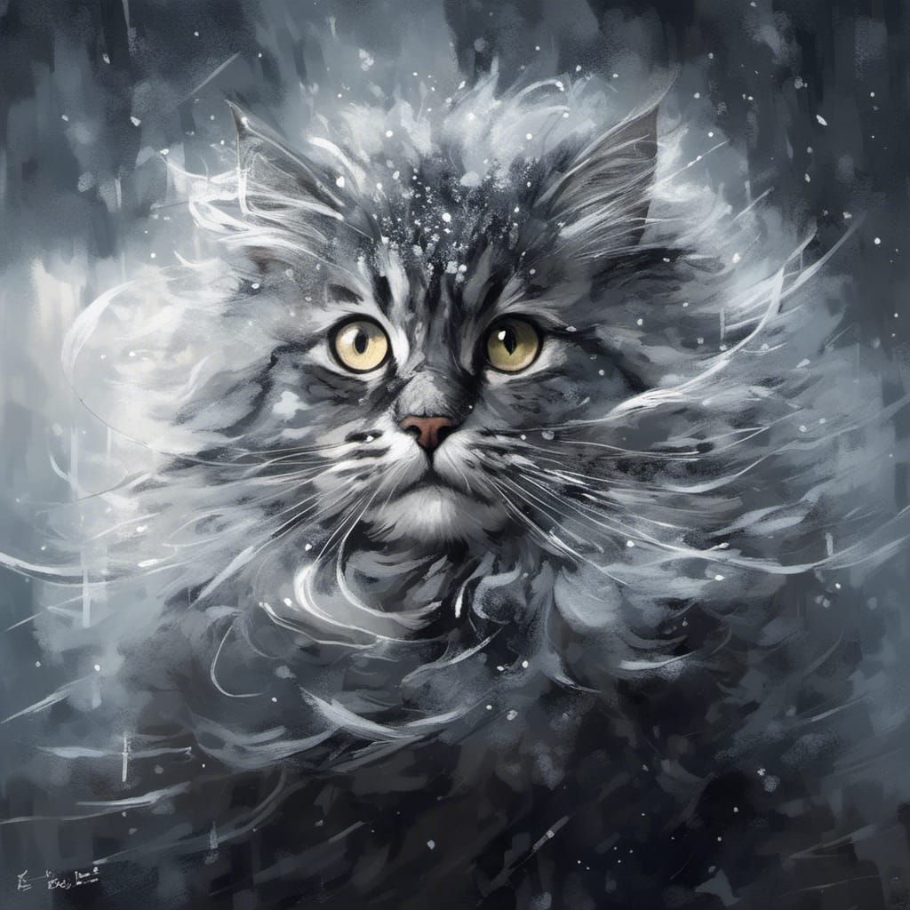 Gray Siberian Cat in Storm as Ink Drawing