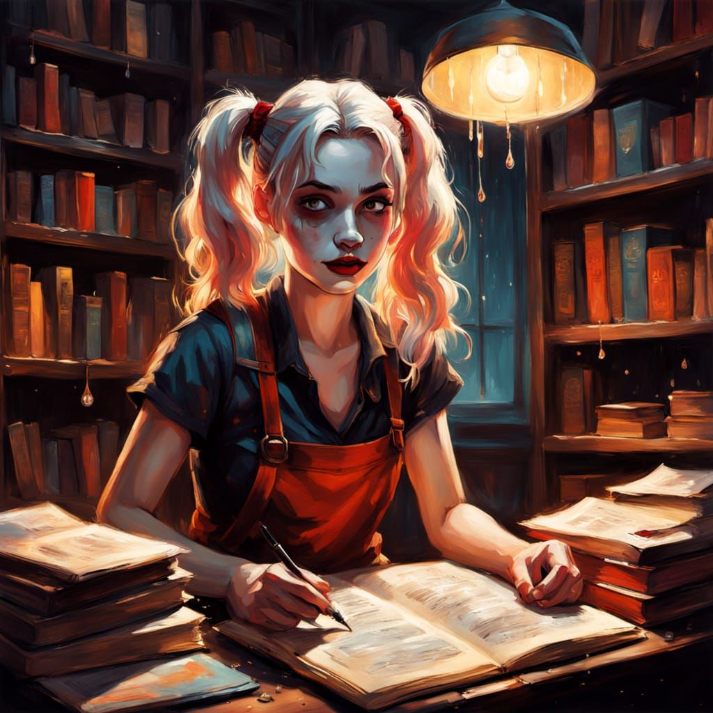 Harley Quinn in Whimsical Bookshop Scene, Oil Painting