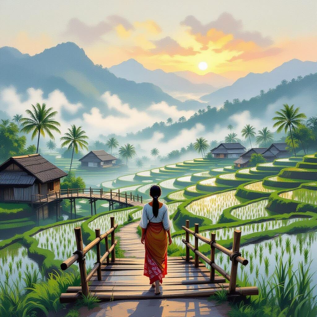 Serene Woman Walks on Foggy Morning in Thailand