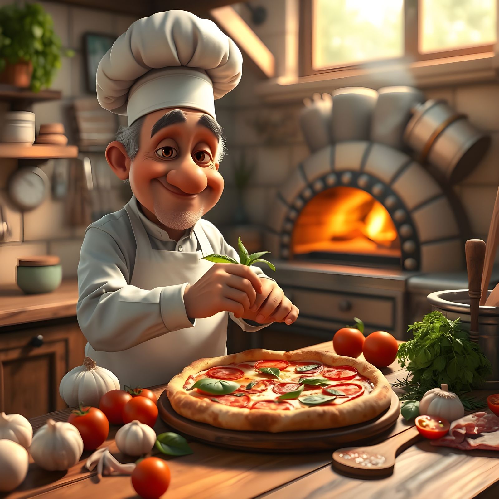 Cozy Italian Kitchen Scene in Pixar Animation Style