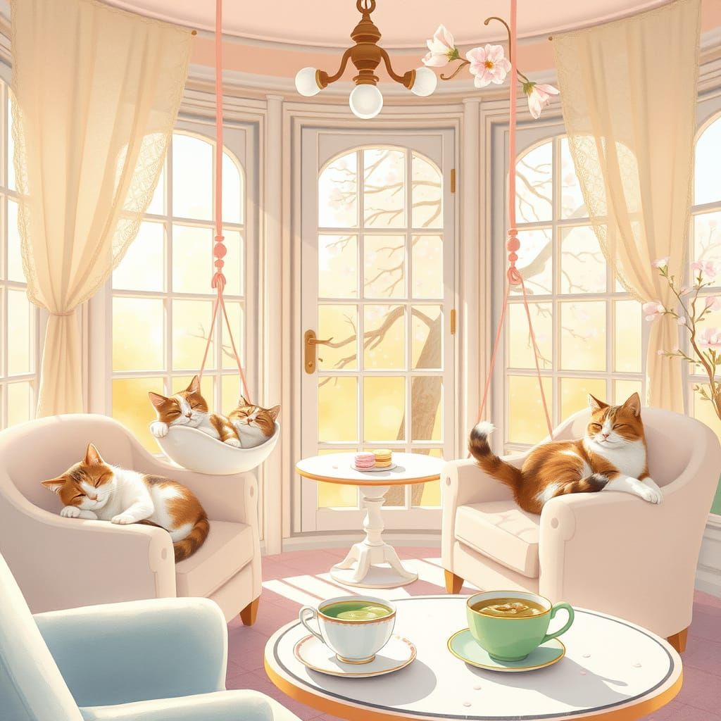 Surreal Whimsy Cat Café in Pastel Paradise