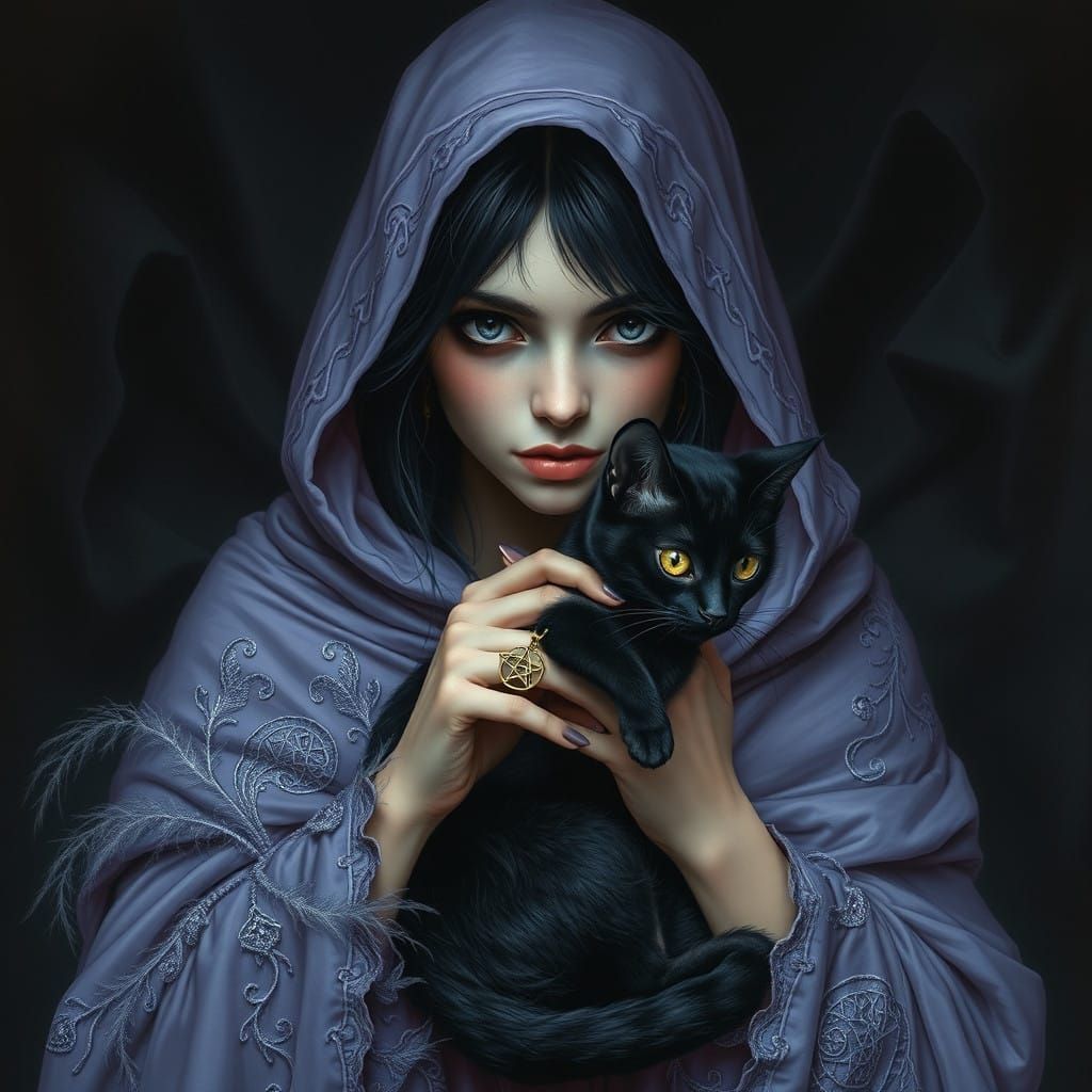 Enchanting Pastel Goth Occult Maiden with Black Cat