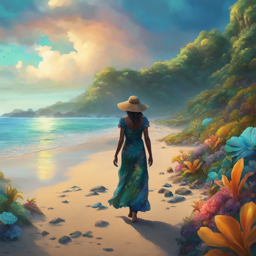 Woman on Galapagos Beach in Vibrant Oil Painting Style